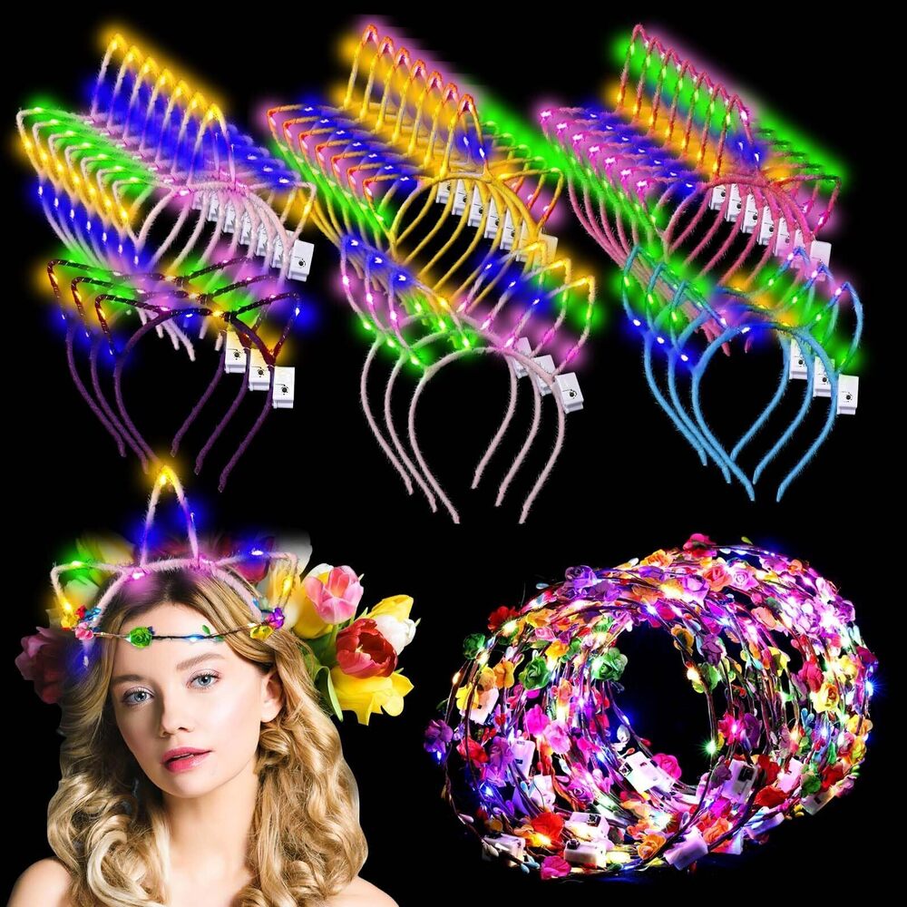 2353 50 Pcs LED Cat Ear Headbands Bulk, Light up Flower Headband Glow Crown